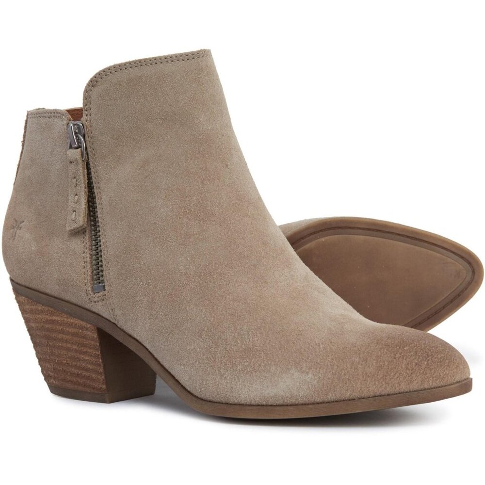 Frye Women's Taupe Judith Suede Side Zip Classic Block Heel Ankle Bootie 7.5M